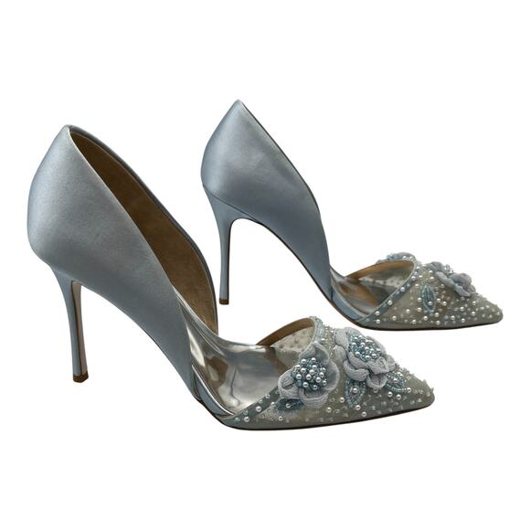 Badgley Mischka Satin Flower Mesh Beaded Embellished d'Orsay Pumps Light Blue 6 - Picture 5 of 9